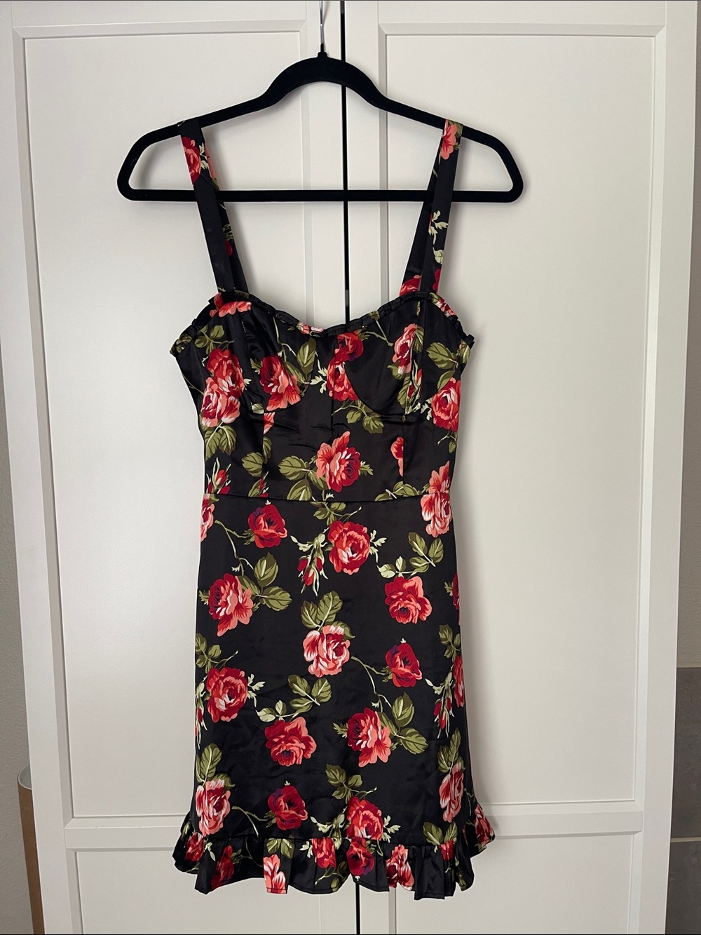 Audrey 3+1 Black Satin Mini Dress with Red Rose Print